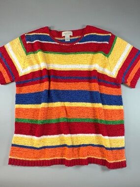 Lemon Grass Woman Rainbow Stripe Ribbon Knit Sweater Top Vintage 90s Hong Kong